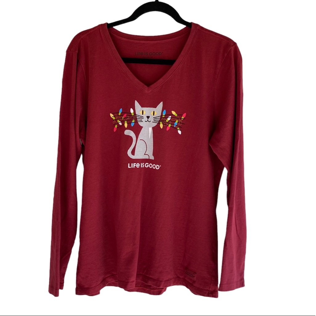 Life Is Good Christmas Lit Up Cat Long Sleeve Size Large